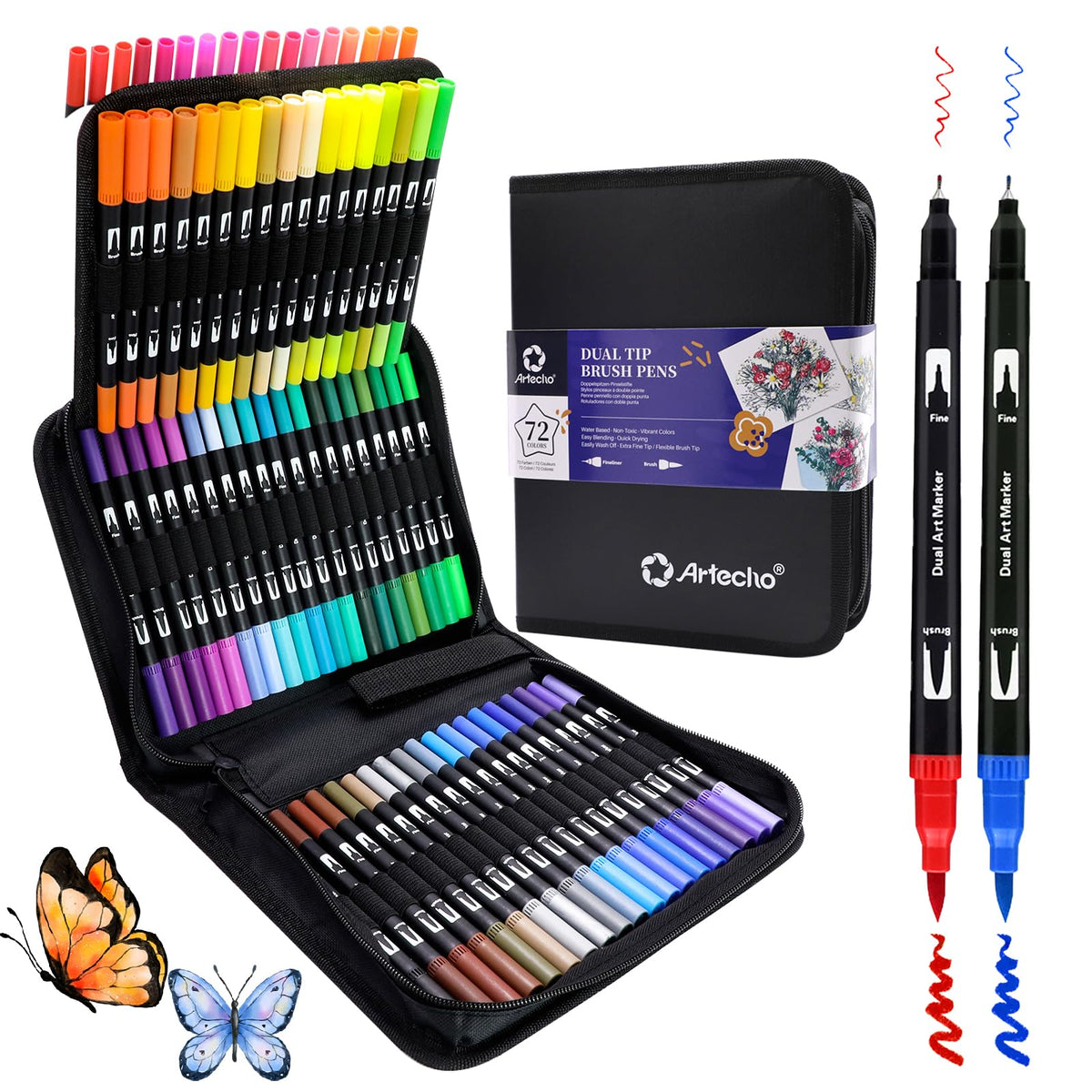 Artecho 72 Dual Tip Brush Pens with bag, Felt tip pens for adult colouring books, Colouring Pens for Adults, Calligraphy, Drawing, Sketching, Nylon tip for Artists, Beginners
