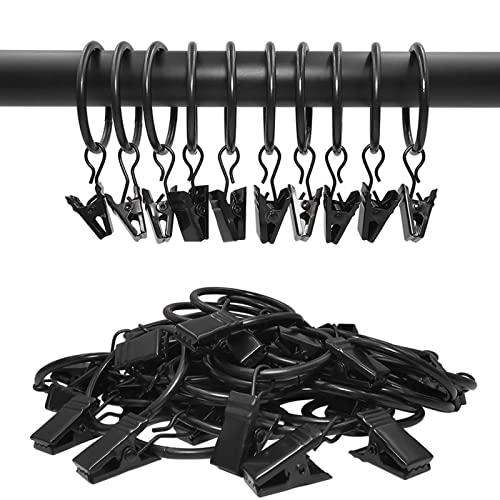 AMZSEVEN 40 Pack Metal Curtain Rings with Clips, 1.26 in ID, Black | Curtain clip rings fit rods up to 1 inch in diameter; securely hold curtains, baby pants on hangers and hair bows