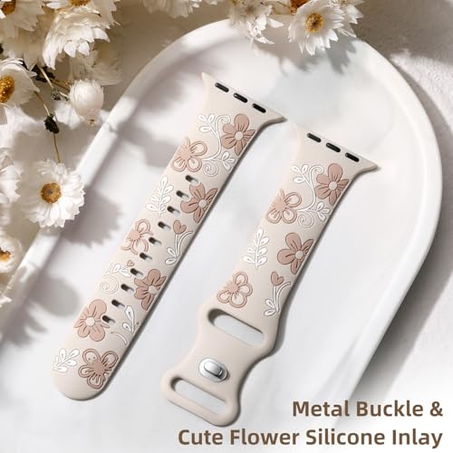 Witzon Floral Silicone Band Compatible with Apple Watch Bands For Women | 40mm 41mm 38mm 42mm 44mm 45mm 46mm 49mm, Engraved Cute Dressy Strap for iWatch Series 12 11 10 9 8 7 6 5 SE Ultra 4 3 2 1