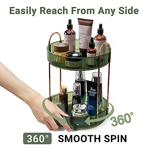 Asayuee 360 Rotating Makeup Organizer for Vanity,2 Tier Large Capacity Skincare Organizers,Bathroom Counter Organizer, Spinning Perfume Organizer & Vanity Organizer (Green-2 Tier)