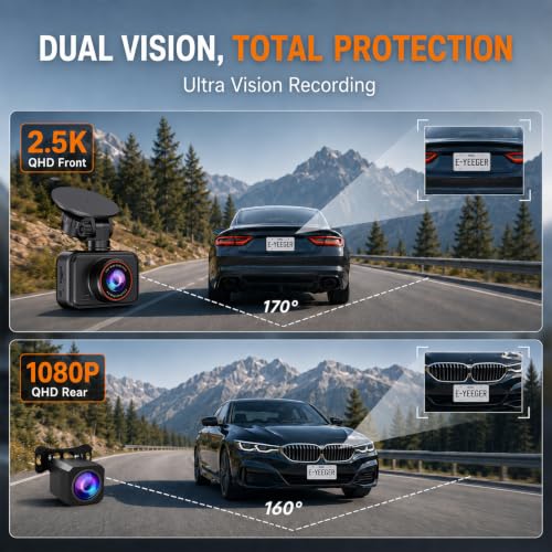 Dash Cam Front and Rear for Cars, 2.5K+1080P Dual Camera with 2" Screen | WDR Night Vision, 170° Lens, G-Sensor, Loop Recording, 360° Mount, Mini Design, 256GB Max, 24H Parking, SD Card Not Included