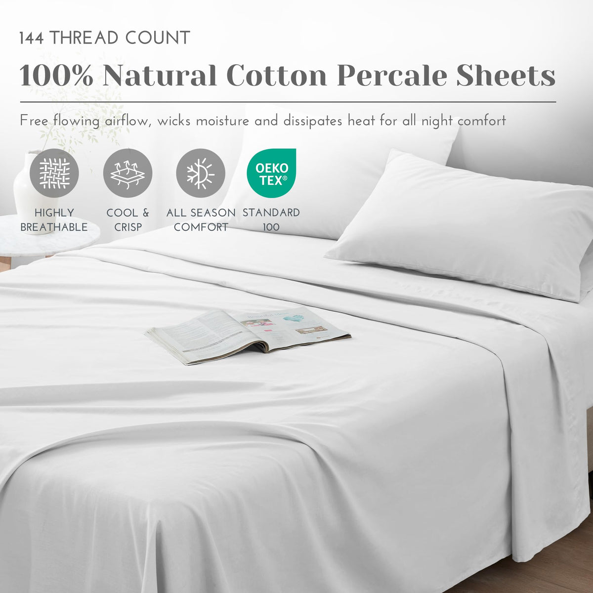 Comfort Spaces 100% Cotton Percale Sheets Twin Sheet Set 3 Pcs, White | Crisp, Cool & Breathable Bed Sheets, 12" Deep Pocket Fits Up to 14" Mattress, Lightweight, All Season Cozy, with Pillow Case