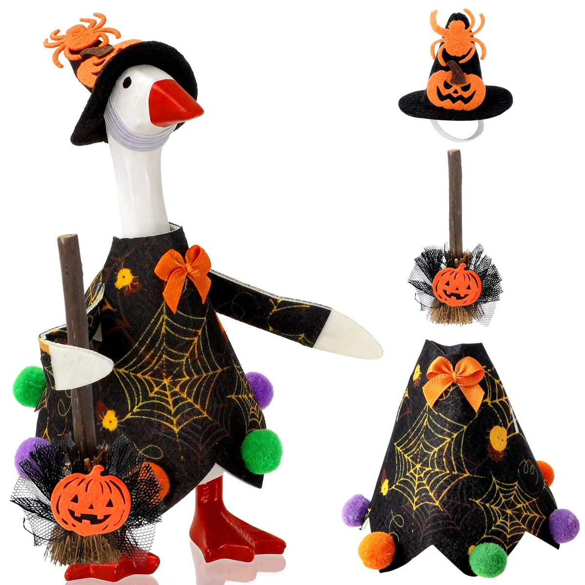 YGEINIT Halloween Desk Goose Outfits 7 Inch | Desk Goose Outfits Felt Costume with Broom,Halloween Home and Office Decoration for Desktop Goose Statues , Fall Holiday Gift