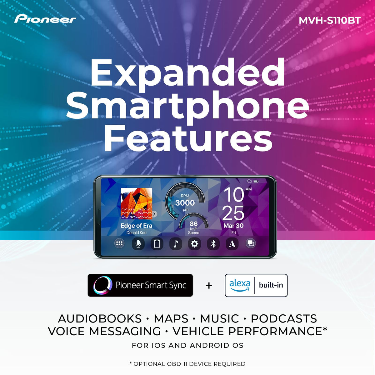 Pioneer MVH-S110BT 1-Din Digital Media Car Stereo with Bluetooth | Digital Media Receiver, USB Input, 50W x 4 Output, AM/FM Radio, iPhone & Android Compatible, Front & SW RCA Output