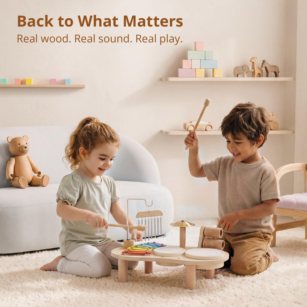 Wooden Drum Set for Toddlers 1-3, Montessori Musical Toy for Kids | First Birthday Gift for Boys & Girls, Encourages Engagement & Open-Ended Play, Screen-Free Fun