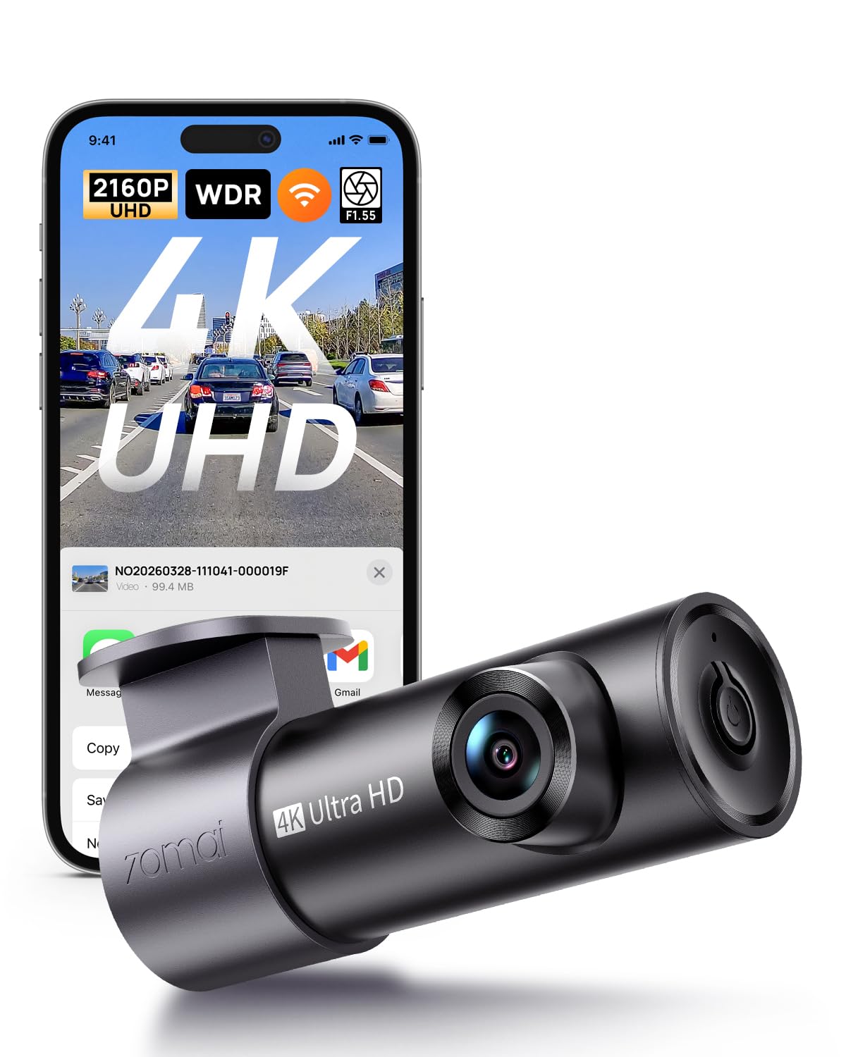 70mai M310 Plus 4K Dash Cam Front with Night Vision, 140° Wide Angle Dash Camera for Cars, WiFi Dashcam with App, Parking Mode, G-Sensor, Loop Recording, Voice Control, Easy Install Car Camera