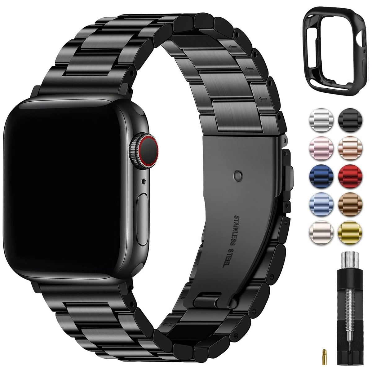 Fullmosa Metal Band with Case for Apple Watch 45/44/42/46/49/41/40/38mm | Fits iWatch Series 11 10 9 8 7 6 5 4 SE 3 2 1, Ultra4/3/2/1,Stainless Steel Strap for Men Women Professional Office Black