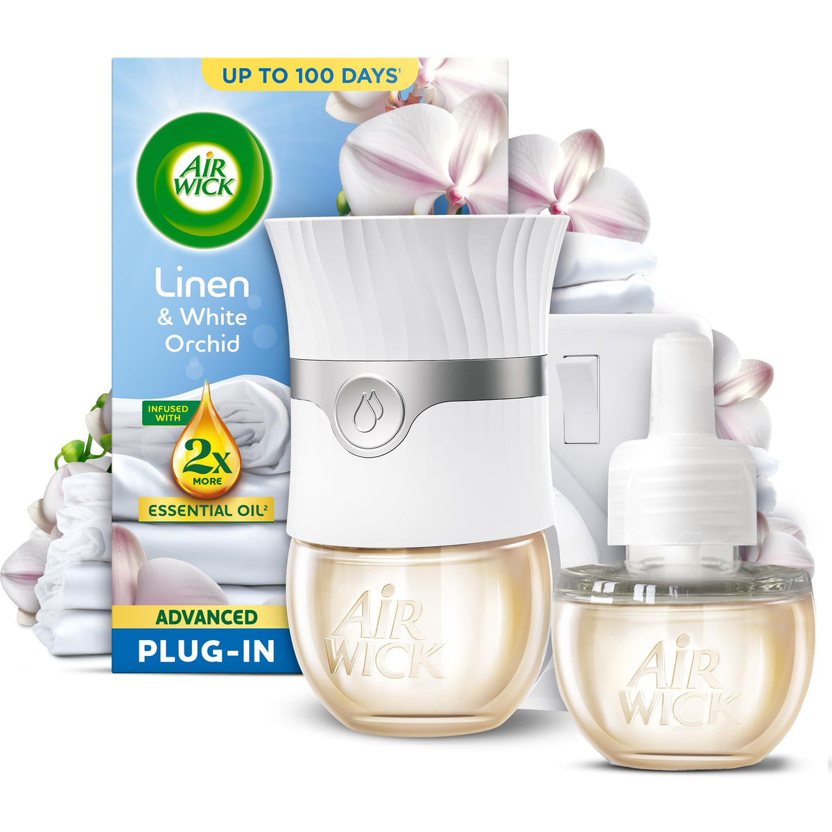 Air Wick Linen & White Orchid Air Freshener Plug-In Kit, 19ml | Air Freshener Plug-In Kit infused with essential oils; Smart Pulse Technology; up to 120 days of fragrance