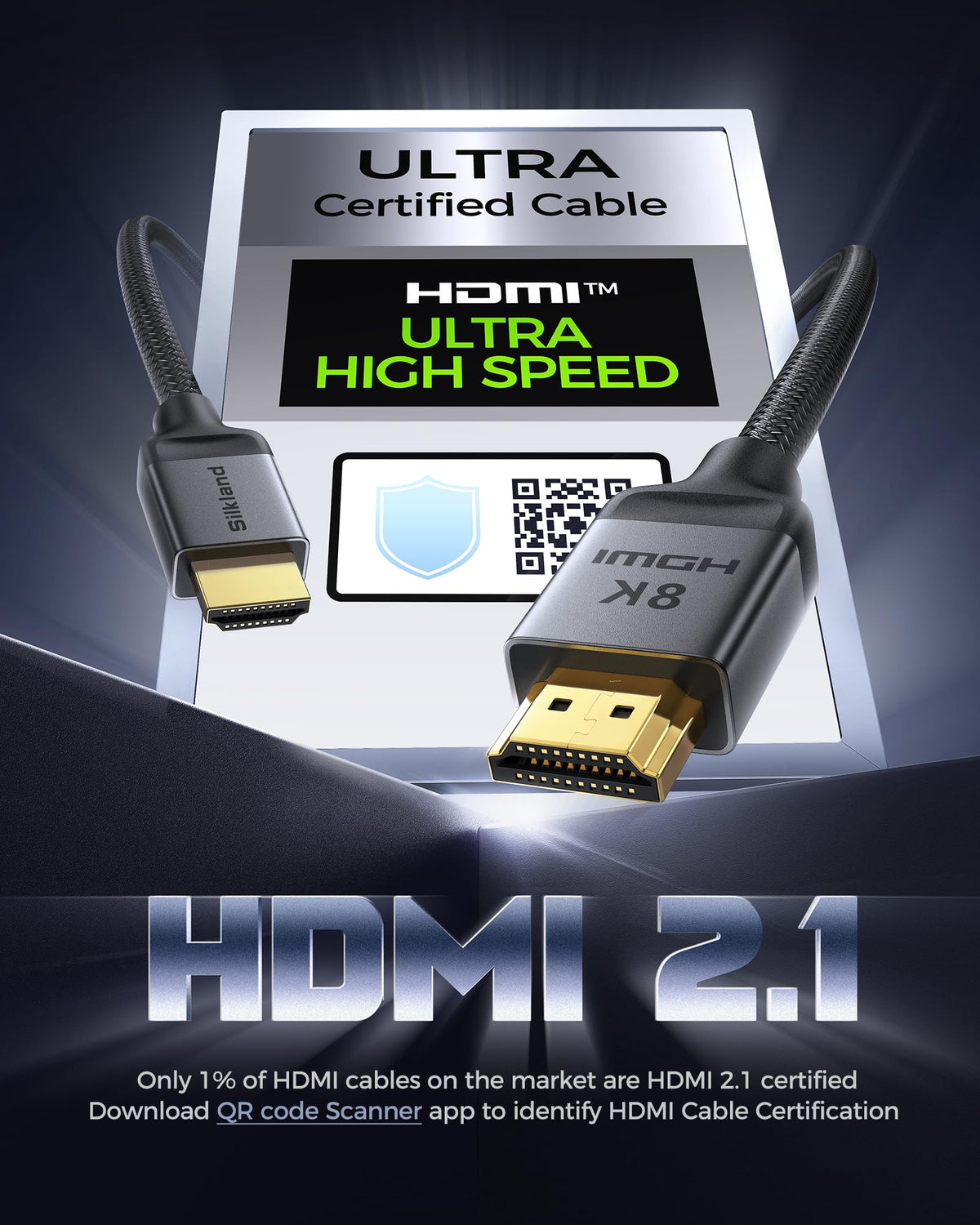 Silkland Certified HDMI 2.1 Cable Ultra High Speed 48Gbps Braided HDR 6.6FT | 4K@240Hz 144Hz 120Hz, 8K@60Hz, 1440P, HDR10+, eARC, HDCP 2.3, Dolby Atmos, DTS:X, Xbox, PS5, PS4, Roku TV, Monitor, PC TV