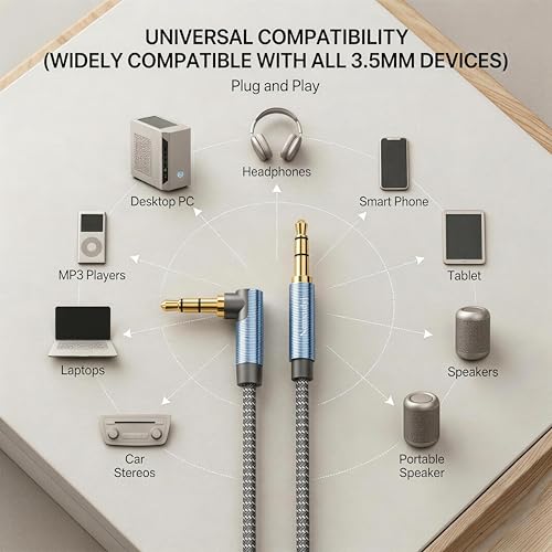 Nanxudyj AUX Cord 6ft, 3.5mm Stereo Audio Cable 90 Degree Right Angle Nylon Braided Male to Male for Car, Headphones, Speaker, PS4/PS5, PC, Tablets - Hi-Fi Sound Portable TRS Auxiliary Cable