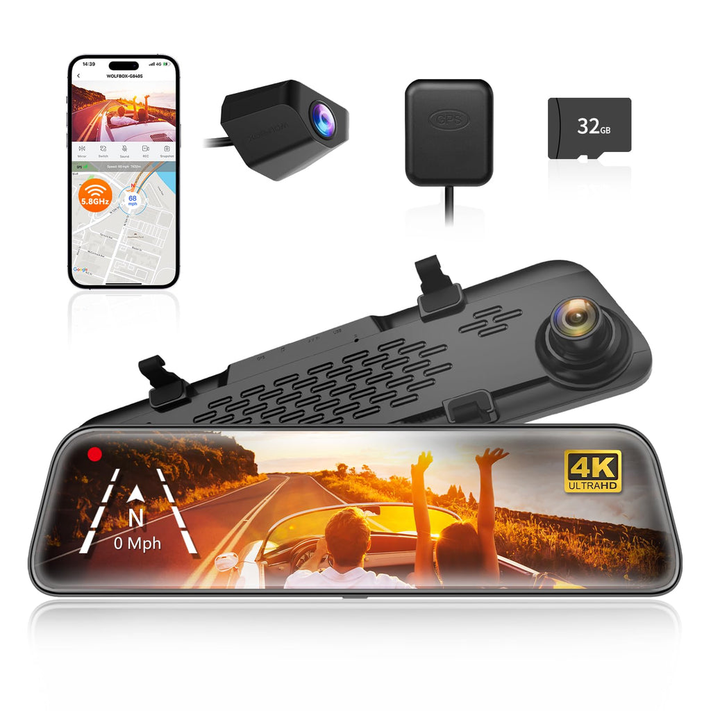 WOLFBOX G840S 12" 4K Mirror Dash Cam Backup Camera with 32GB Card and GPS | 5.8GHz WiFi Smart Rearview Mirror for Cars & Trucks, Front and Rear View Dual Cameras, Night Vision, Parking Assistance