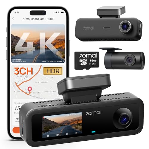70mai 4K Dash Cam Front and Rear Inside, 3 Channel Car Dash Camera for Cars, Dashcam with GPS, Wi-Fi 6, Voice Control, Parking Monitor, Night Vision, Loop Recording, 64GB SD Card Included (T800E)