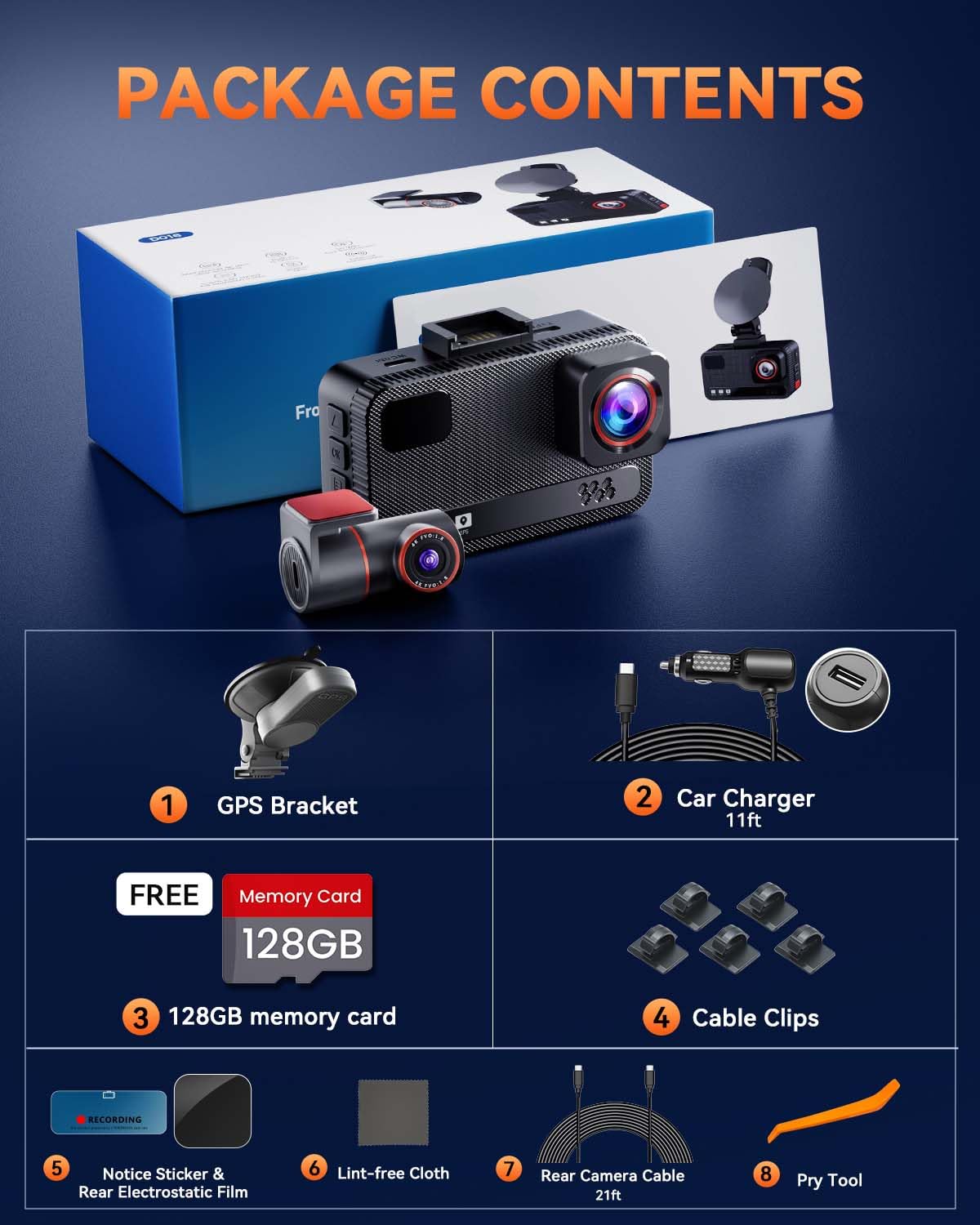 4K+4K Dual Dash Cam Front and Rear, Free 128GB Card, Starlight Night Vision | Dual-Channel Recording, 5.8GHz WiFi, 20MB/s Download Speed, GPS, 3" IPS Screen, Collision Sensor, 24H Parking Mode