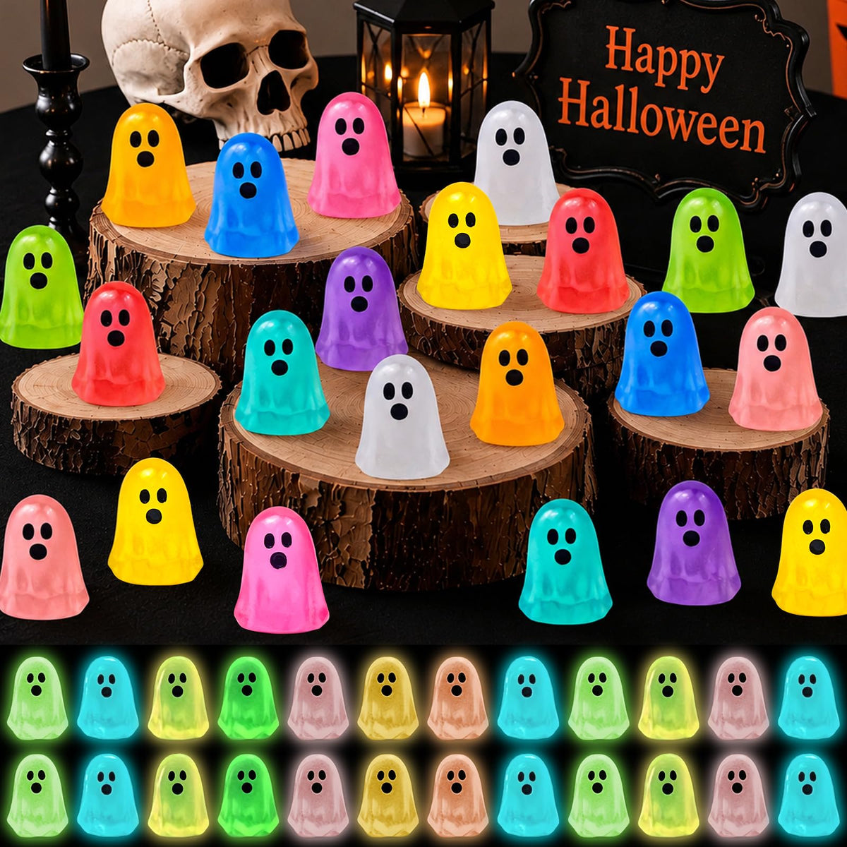 120 Pcs Halloween Luminous Mini Resin Ghost Figures Miniature Figurines | 10 Colors Tiny Little Plastic Ghost Statues Glow in the Dark, Halloween Party Favors Micro Landscape Dollhouse Decoration