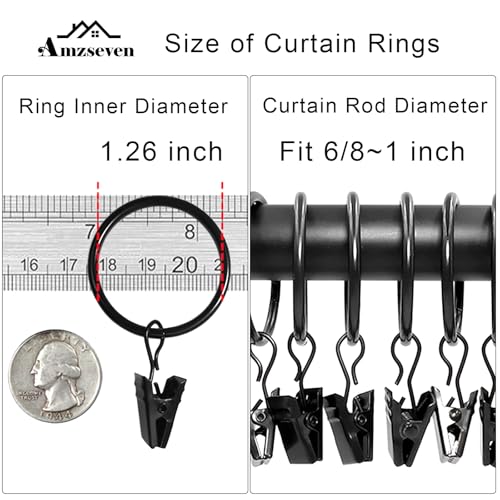 AMZSEVEN 40 Pack Metal Curtain Rings with Clips, 1.26 in ID, Black | Curtain clip rings fit rods up to 1 inch in diameter; securely hold curtains, baby pants on hangers and hair bows