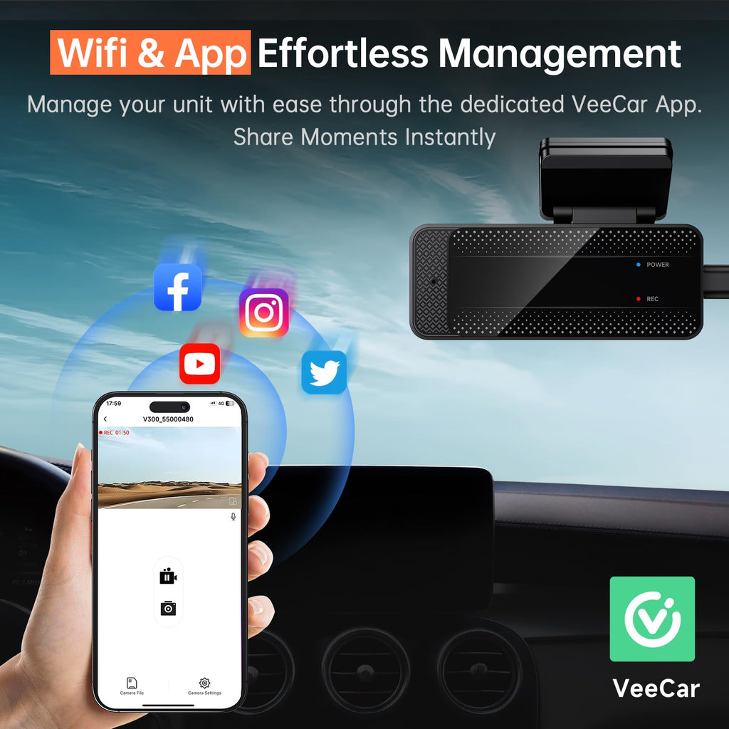 Veement 1296P Dash Cam Front, WiFi Dash Camera for Cars with App | V300 Mini Hidden Design, Night Vision, 170° Lens, Loop Recording, G-Sensor, 256GB Max, Card Not Included, Hardwire Required