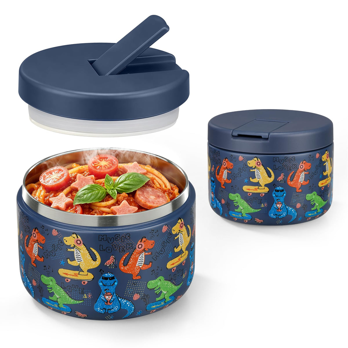 Pawtong 12oz Insulated Vacuum Food Jar with Buckle Lid Wide Mouth Soup Thermo for Hot Food Kids Leakproof Stainless Steel Lunch Container (Blue-Dinosaur)