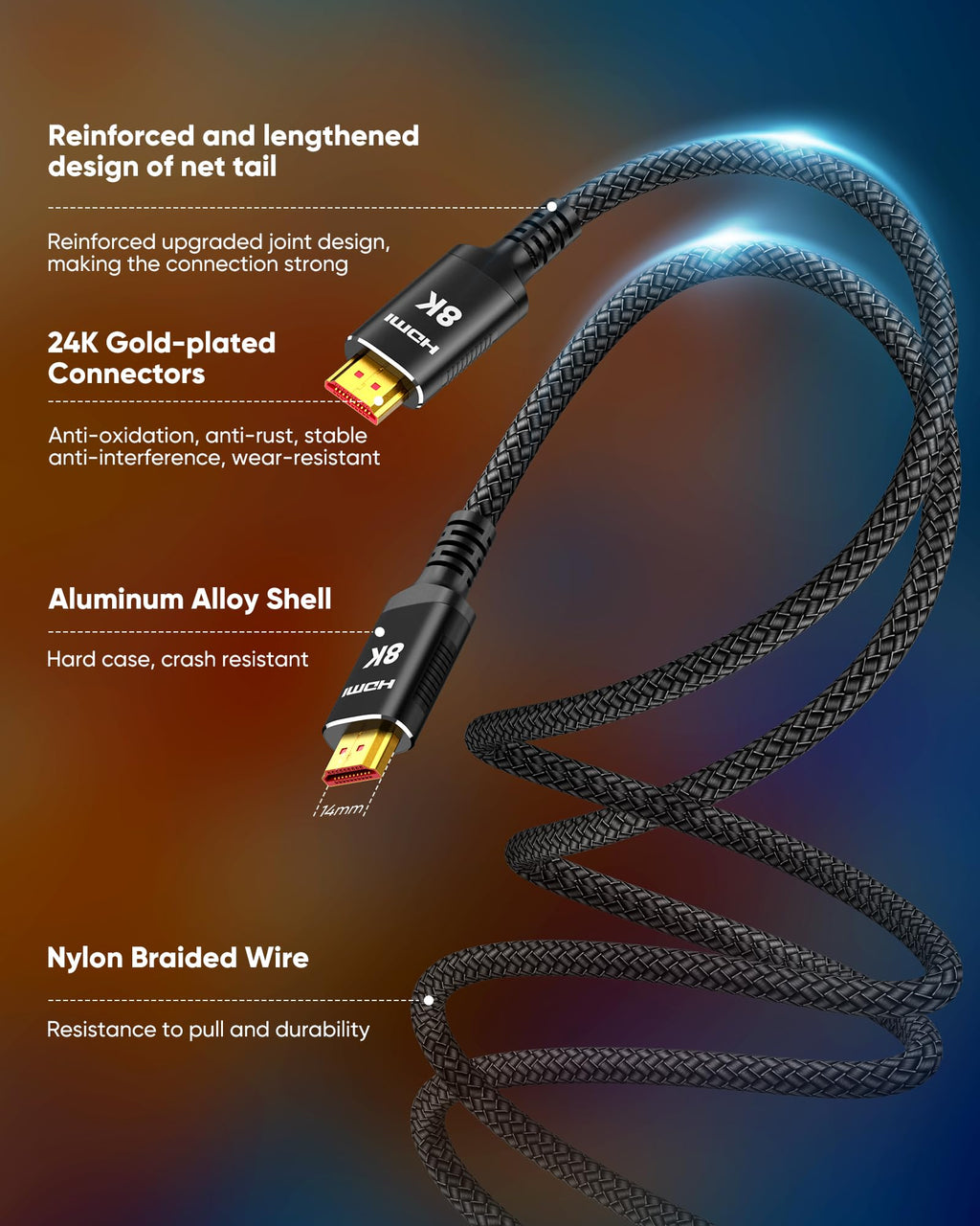 Snowkids 8K HDMI Cable 10ft, Certified 2.1 UHD [4K & Ethernet Support] | 48Gbps Ultra High Speed,Non-Slip,eARC 4K120 144Hz HDR10 HDCP 2.2&2.3,Braide 8K@60Hz Compatible for TV/PS-5/X-box/Sound System