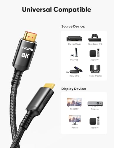 Snowkids 8K HDMI Cable 10ft, Certified 2.1 UHD [4K & Ethernet Support] | 48Gbps Ultra High Speed,Non-Slip,eARC 4K120 144Hz HDR10 HDCP 2.2&2.3,Braide 8K@60Hz Compatible for TV/PS-5/X-box/Sound System