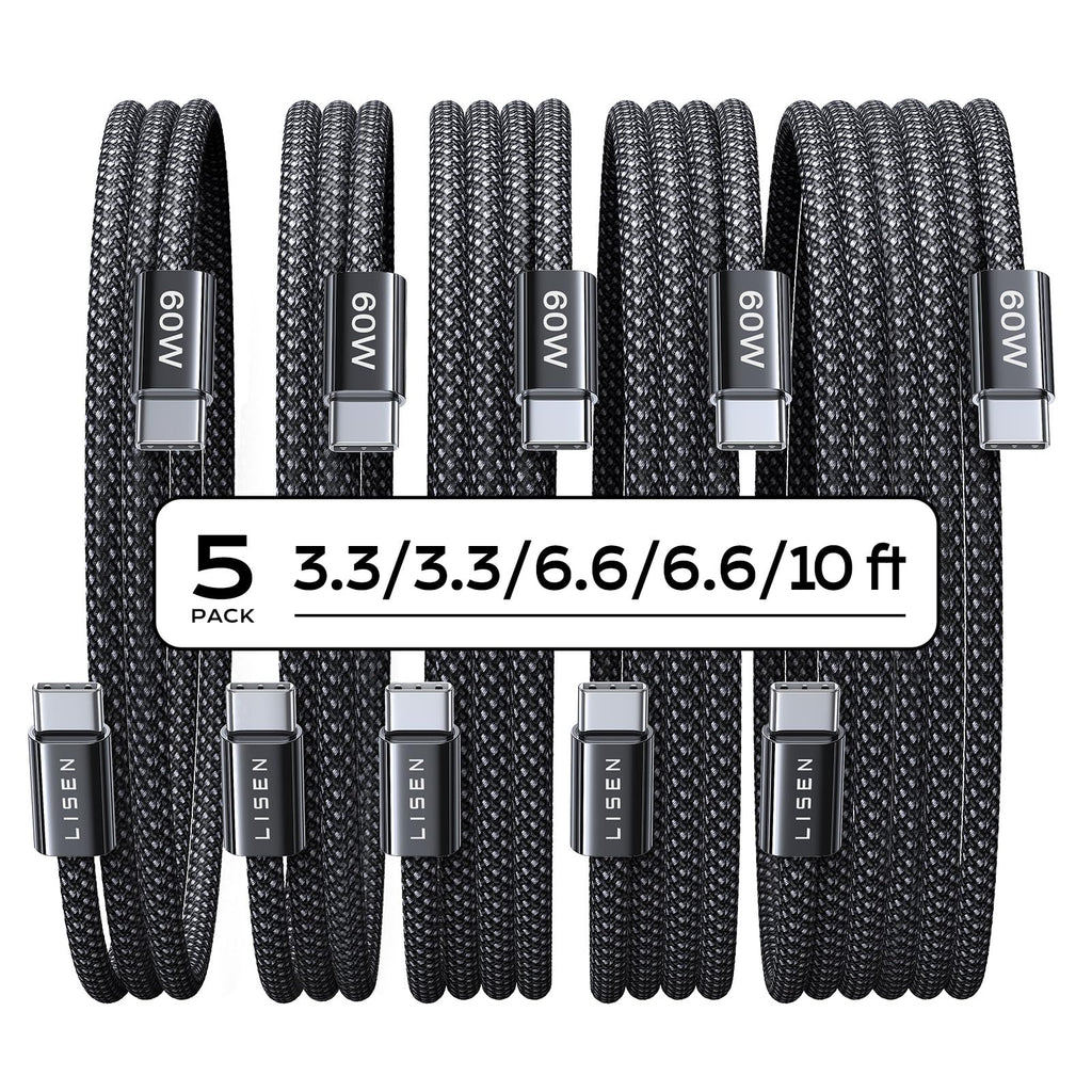 LISEN USB C to USB C Cable 60W for iPhone 18 Pro Duo Charging Cable, 5-Pack | for iPhone 18 Fast Charger/17/16/15 Galaxy S26/S25/S24, 3.3/3.3/6.6/6.6/10FT Gift for Car, Home, Office, Bed and Travel Cord