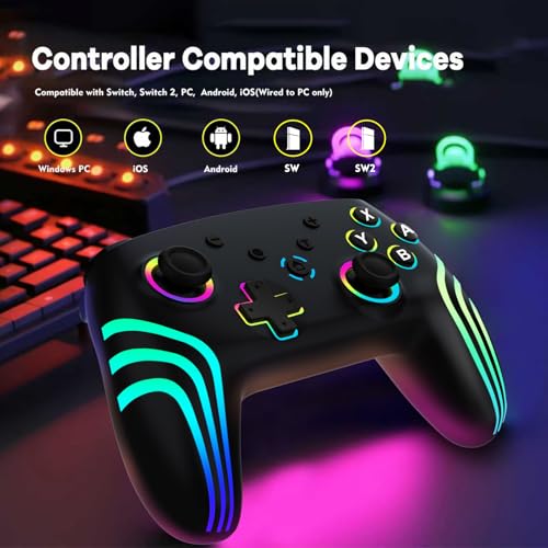 MYSTILUCK Wireless Pro Controller for Switch/Switch 2/Lite/OLED/PC | Gamepad with 7 Color-Changing RGB Lighting/Dual Vibration/6-Axis Gyroscope/Turbo, Ergonomically Designed Precise Joystick