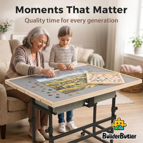 BuilderButler Puzzle Table 1500 Pieces with Wheels, Drawers & Cover, 33.58"x24.92" Adjustable Height & 45° Tilting Jigsaw Board for Adults, Also Ideal as Fuse Beads Table