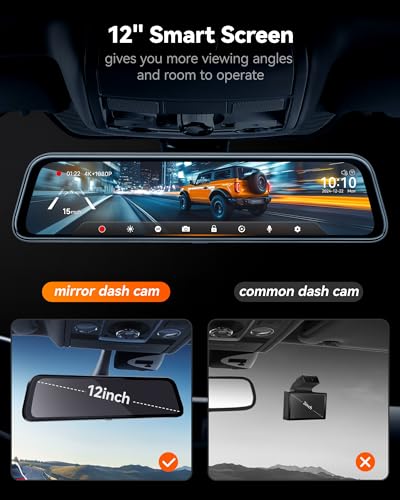 WOLFBOX G840S 12" 4K Mirror Dash Cam Backup Camera with 32GB Card and GPS | 5.8GHz WiFi Smart Rearview Mirror for Cars & Trucks, Front and Rear View Dual Cameras, Night Vision, Parking Assistance