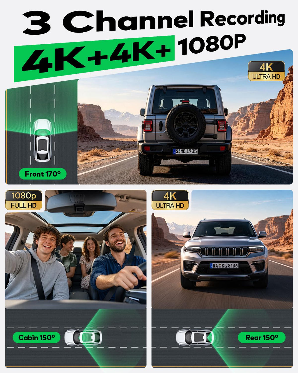 4K+4K+1080P 3 Channel Dash Cam, Free 128GB Card, AProX HD Night Vision | Dash Cam Front and Rear with Cabin, 5.8GHz WiFi6 - up to 20MB/s, App, GPS, G-Sensor, 24H Parking Mode, Support 512GB Max