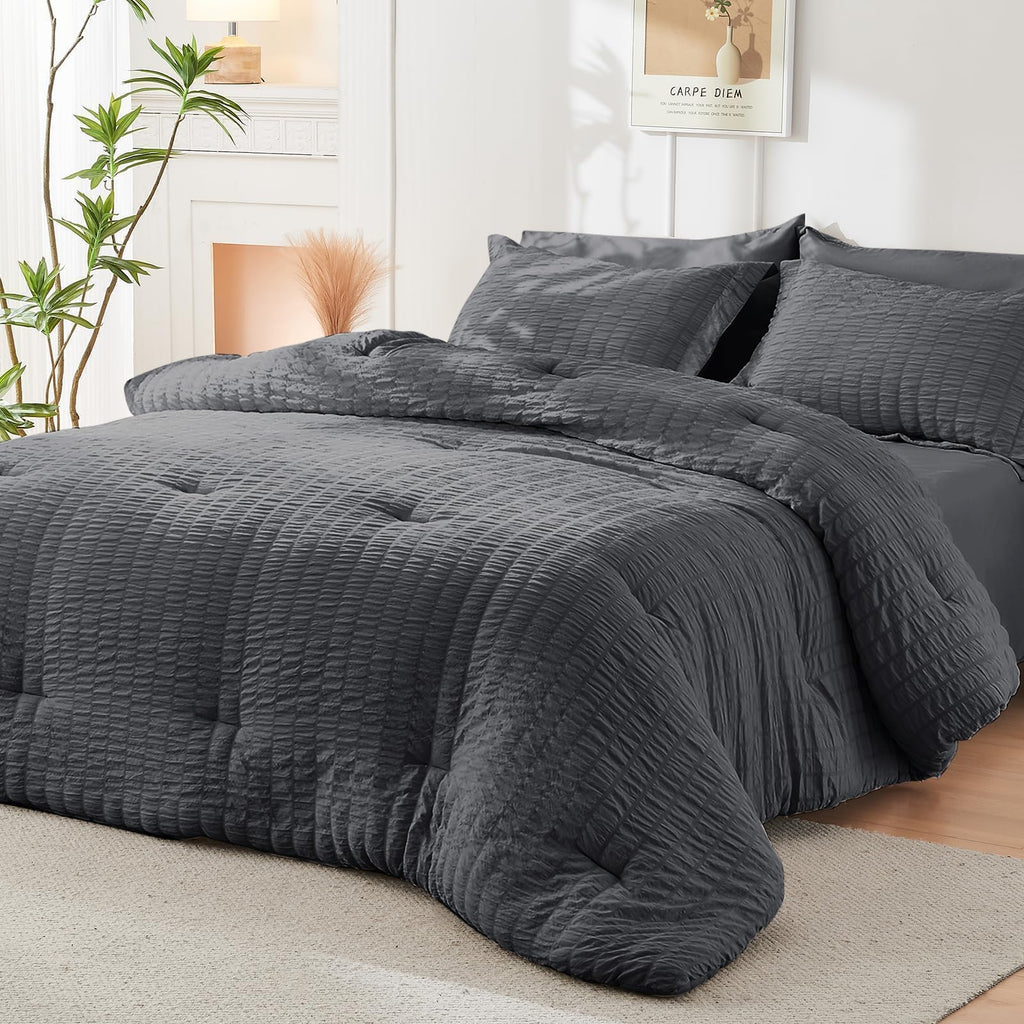 Queen Comforter Set - 7PCS Bed in a Bag, Seersucker Bedding Set, Dark Grey | OEKO-TEX Certified, All Season Comforter with Sheets, Down-Alternative Fill, Soft & Breathable, Pillowcases & Shams