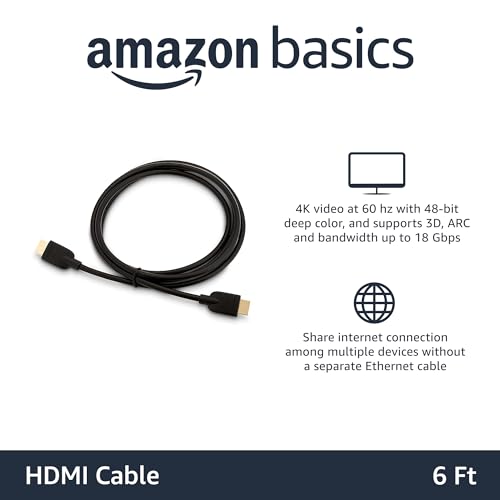 Amazon Basics HDMI Cable, 6ft, 4K@60Hz, High-Speed 4K HDMI 2.0 Cord with Ethernet, 18Gbps, 2160p, 48 bit, Compatible with TV/PS5/Xbox/Roku/Blu-ray, Black