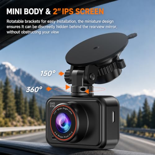 Dash Cam Front and Rear for Cars, 2.5K+1080P Dual Camera with 2" Screen | WDR Night Vision, 170° Lens, G-Sensor, Loop Recording, 360° Mount, Mini Design, 256GB Max, 24H Parking, SD Card Not Included