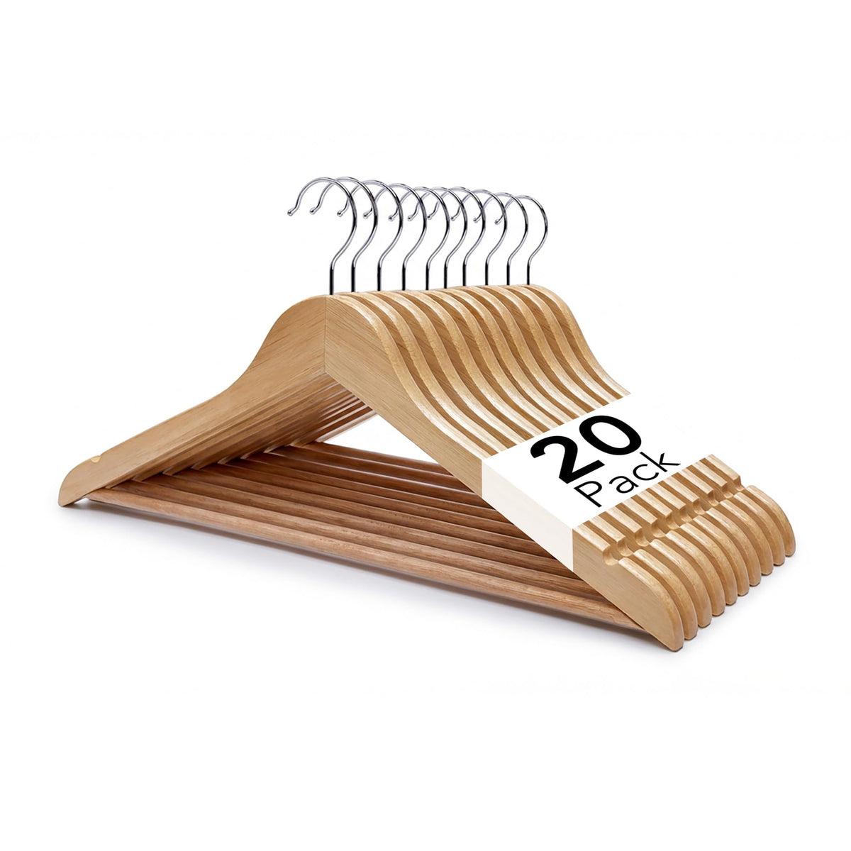 Straame Brown Wooden Coat Hangers 20 Pack, 44cm, Swivel Hooks, Trouser Bars | Smooth lacquered finish, wide shoulders and notches protect garments; trouser bars and swivel hooks organise wardrobes neatly