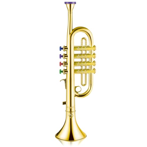 Lewtemi Gold Trumpet Musical Instruments Toy for Kid Fake Plastic | Musical Toy for Girls Preschool Learning, Fake Wind Horn Colorful Keys, Beginner Saxophone Trombone Bugle Teaching Gift