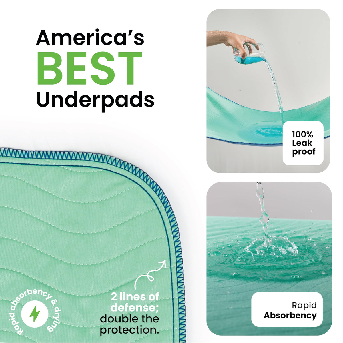 IMPROVIA® Washable Underpads, Heavy Absorbency Reusable Incontinence Pads | for Kids, Adults, Elderly, and Pets, Waterproof Protection Floor - Green & Blue, 34"x36" (Pack of 4)