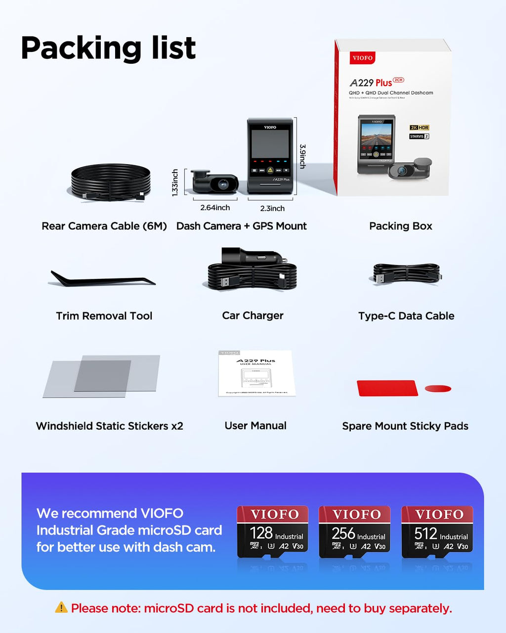VIOFO A229 Plus Dash Cam Front and Rear, 2K Dual STARVIS 2 Sensors & HDR | 1440P+1440P Car Dash Camera, 5GHz Wi-Fi, Smart Voice Control, Ultra-Precise GPS, Built-in Supercapacitor, 24H Parking Modes