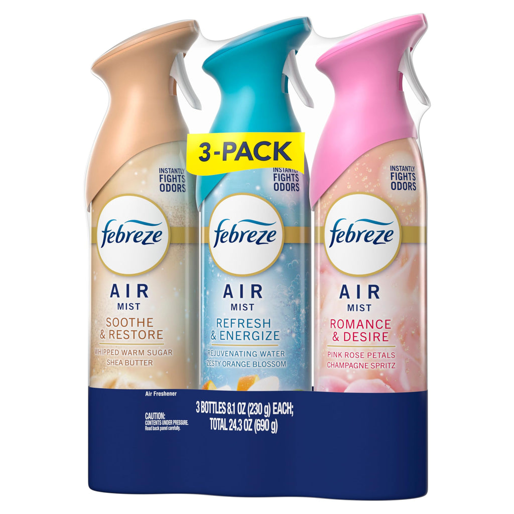 Febreze Air Mist, Air Freshener, Odor Fighting Room Spray, Deodorizer for Home Bathroom Kitchen Office Apartment, Soothe & Restore, Refresh & Energize, Romance & Desire Variety Pack, 8.1oz (Pack of 3)