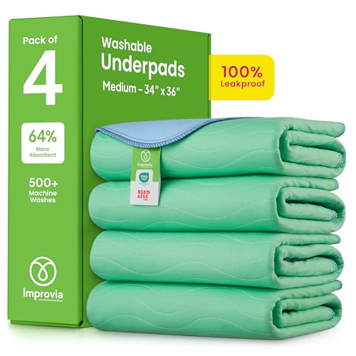 IMPROVIA® Washable Underpads, Heavy Absorbency Reusable Incontinence Pads | for Kids, Adults, Elderly, and Pets, Waterproof Protection Floor - Green & Blue, 34"x36" (Pack of 4)