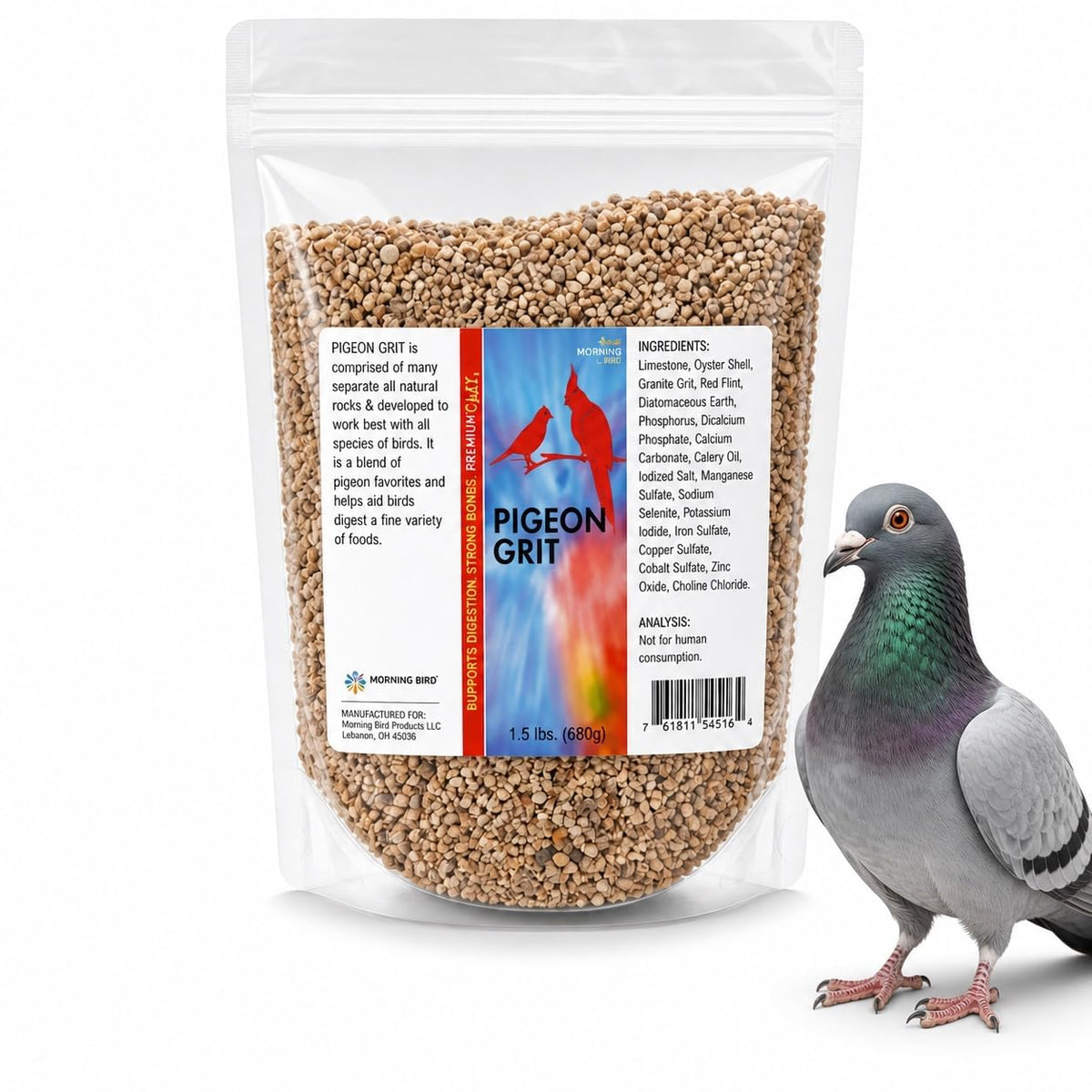 Morning Bird Pigeon Grit - Healthy & Nutritious Pigeon Food to Support Strong Muscles & Bones for Grit Eating Birds - Supports Digestion & Packed with Essential Minerals - 1.5 lb