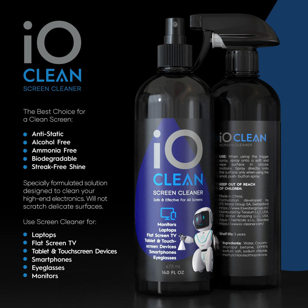 iO CLEAN 16oz Screen Cleaner Spray – Best Large Cleaning Kit | for LCD, LED & OLED TV, Smartphone, iPad, Laptop, Touchscreen, Computer Monitor, Microfiber Cloth Wipes & 2 Nozzles