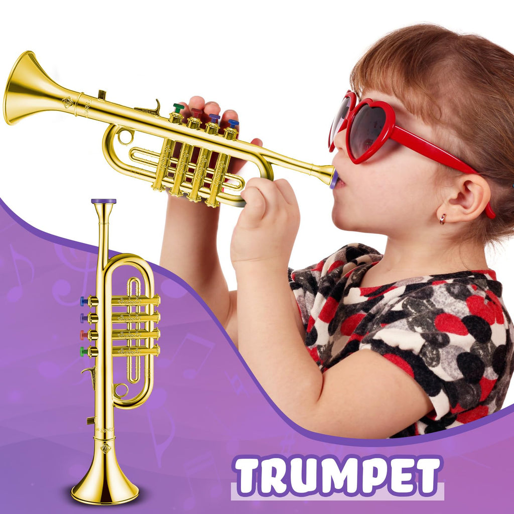 Lewtemi Gold Trumpet Musical Instruments Toy for Kid Fake Plastic | Musical Toy for Girls Preschool Learning, Fake Wind Horn Colorful Keys, Beginner Saxophone Trombone Bugle Teaching Gift