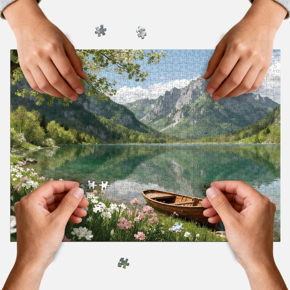 PQIKTUV Spring Mountain Lake Puzzles for Adults 1000 Pieces | Wooden Boat Landscape Jigsaw Puzzle, Nature Scenery 1000 Pieces Puzzles for Adults, Wall Decor, 27.56x19.7 Inch