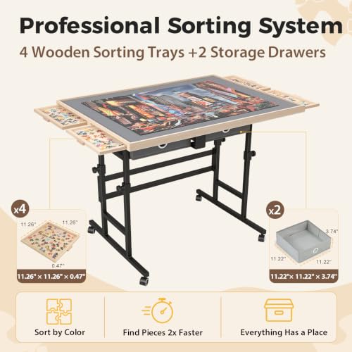 BuilderButler Puzzle Table 1500 Pieces with Wheels, Drawers & Cover, 33.58"x24.92" Adjustable Height & 45° Tilting Jigsaw Board for Adults, Also Ideal as Fuse Beads Table