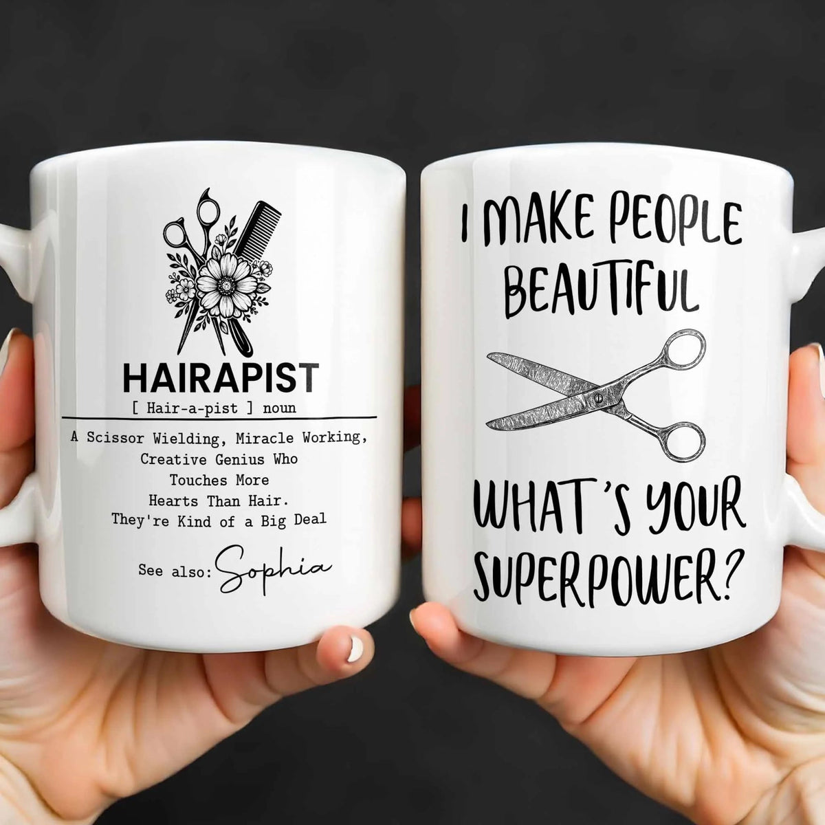 "Hairapist Miracle Worker" Personalized Hair Stylist Mug - Custom Name Gift for Hairdressers & Cosmetologists