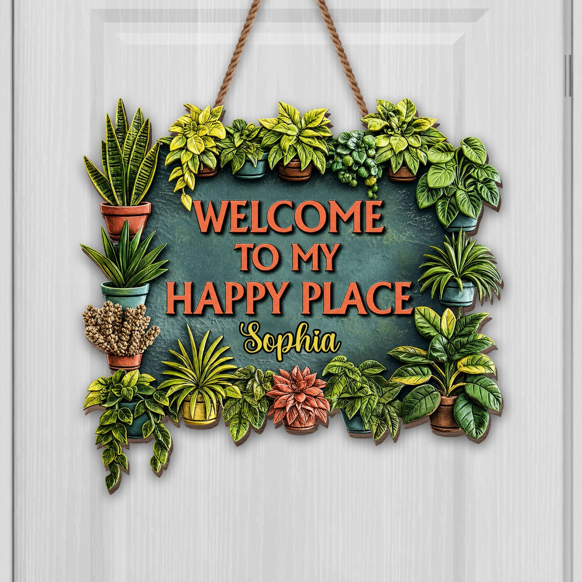 "Welcome To My Happy Place" Personalized Potted Plants Wood Sign - Custom Gift for Plant Lovers