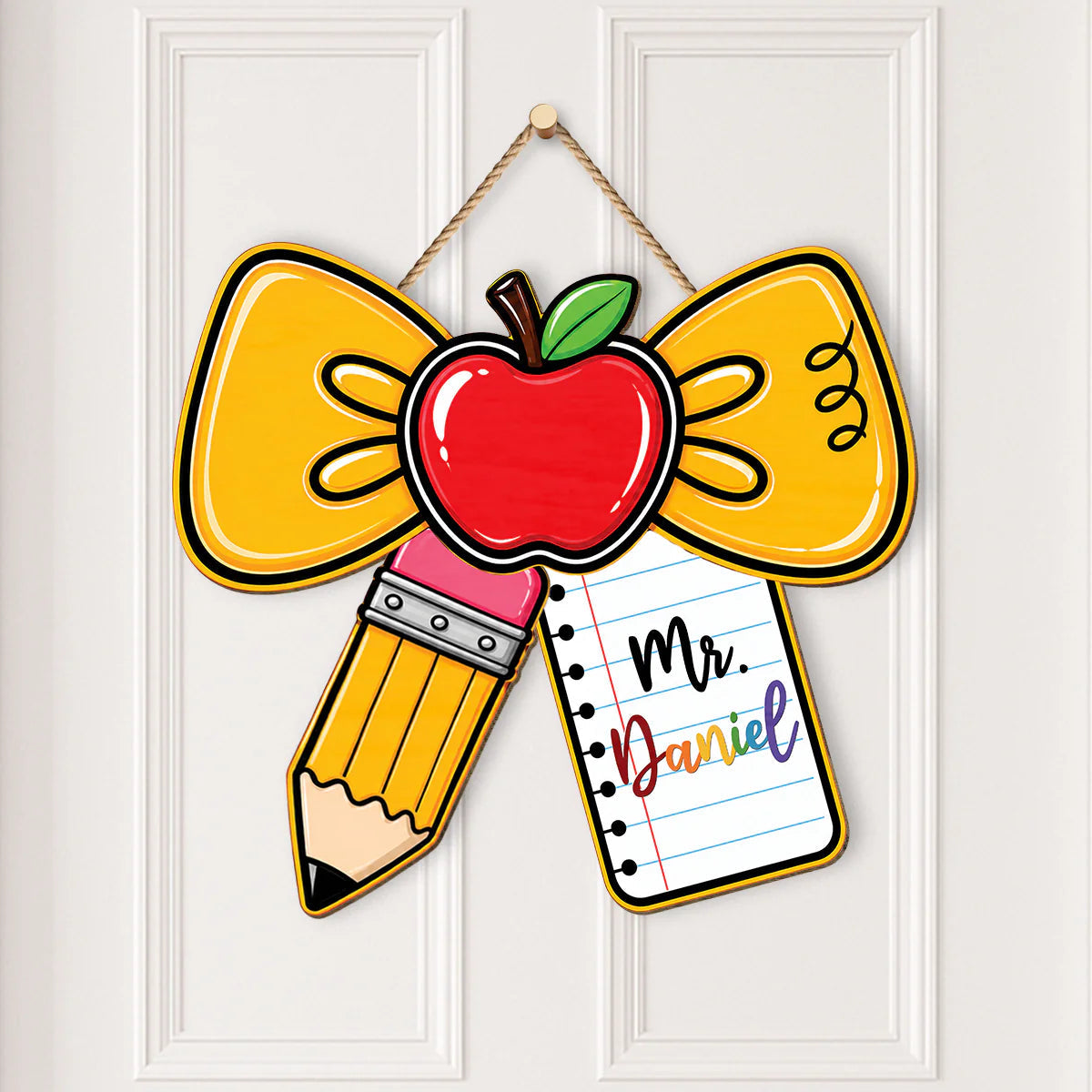Pencil Bow Custom Teacher Wood Sign - Personalized Classroom Name Gift for Back to School