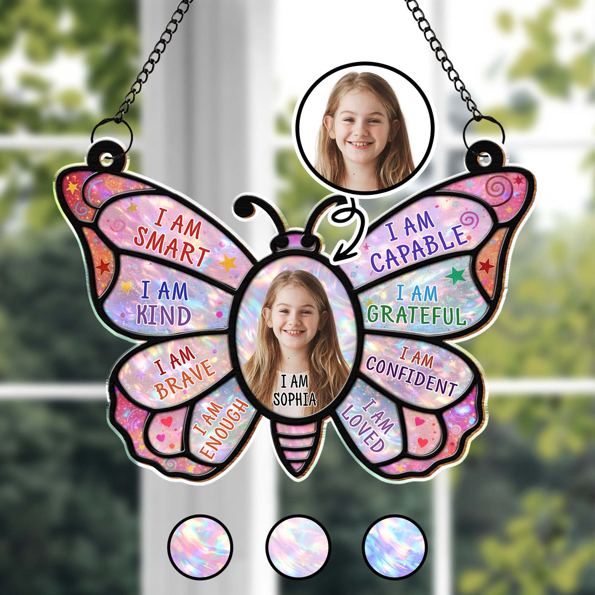 "I Am Smart Kind Brave" Affirmations Custom Photo Butterfly Suncatcher - Personalized Kid Gift