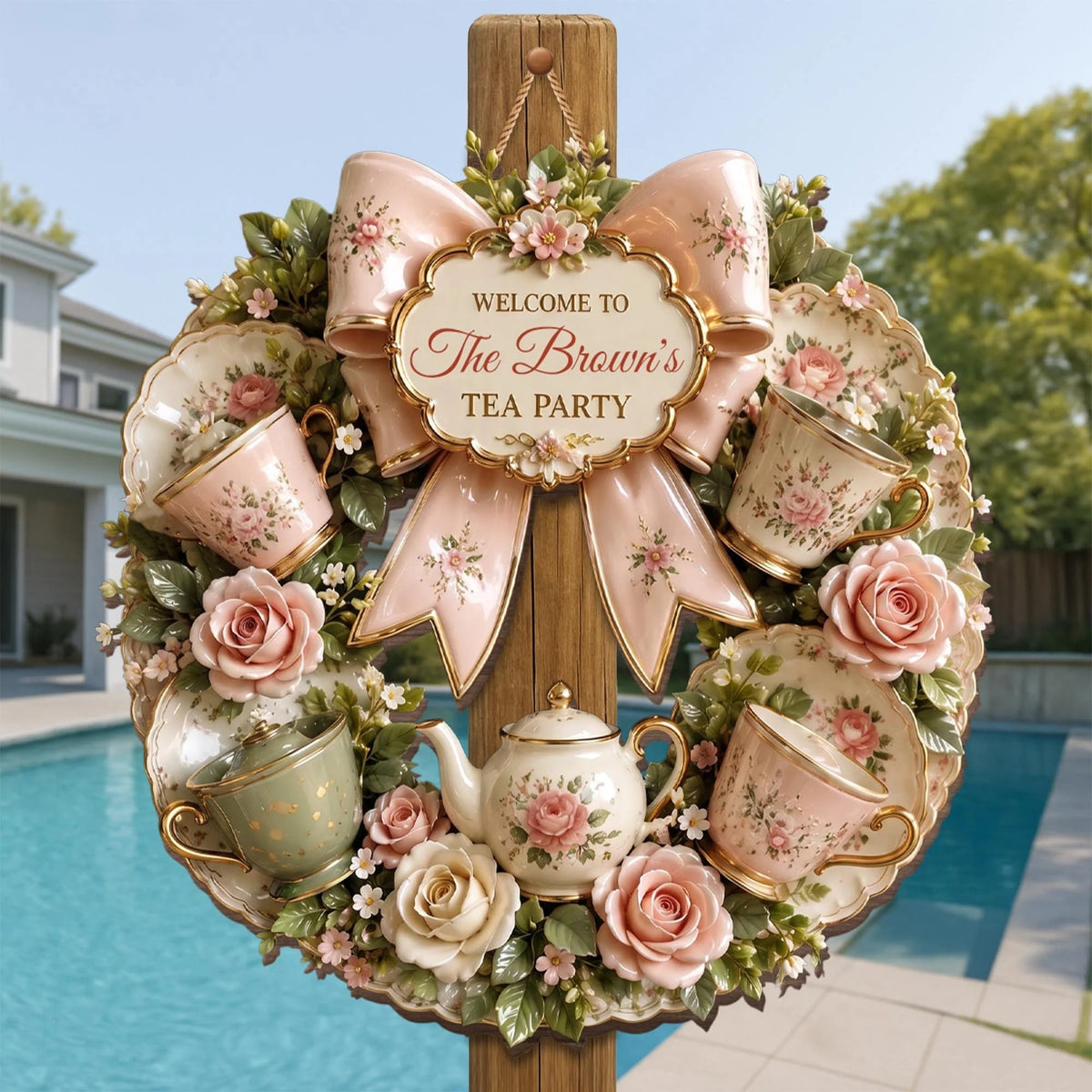 Welcome To Our Tea Party Floral Wreath Sign - Personalized Wood Sign Gift for Tea Lovers & Home Decor
