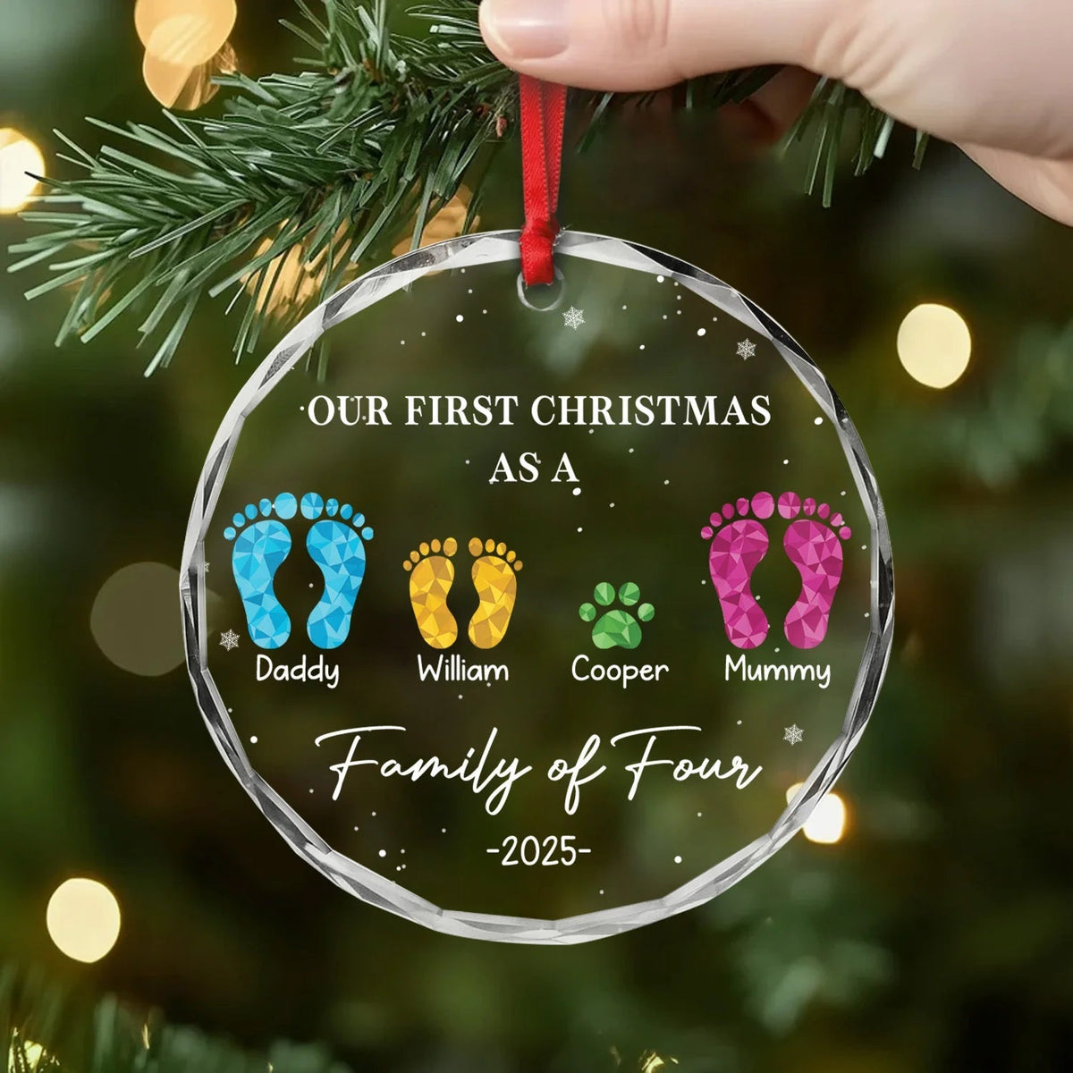 Our First Christmas As A Family Personalized Glass Ornament - Custom Footprints Keepsake for Mom & Dad