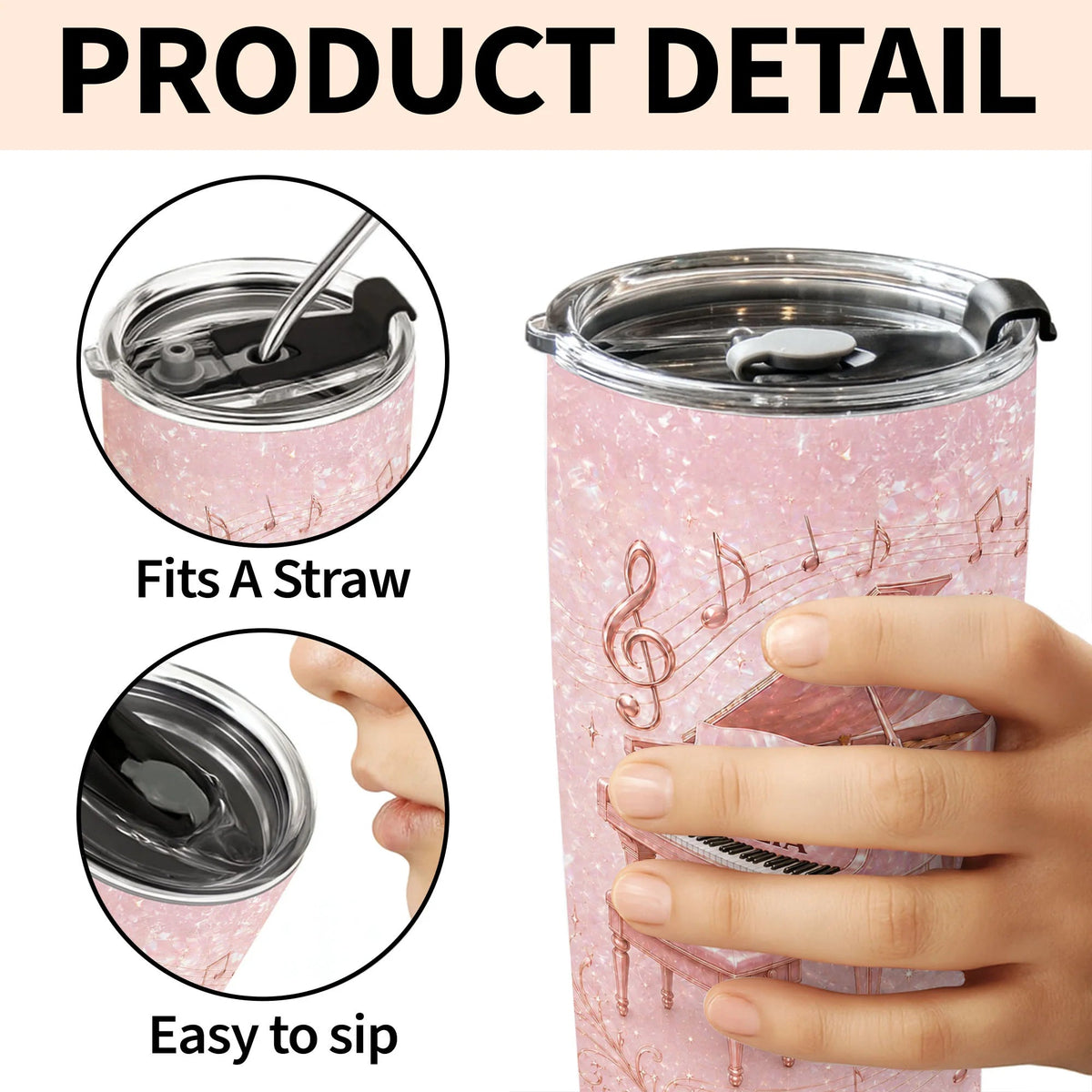 Pink Grand Piano Musical Notes Personalized Tumbler - Custom Gift for Pianist Music Lovers