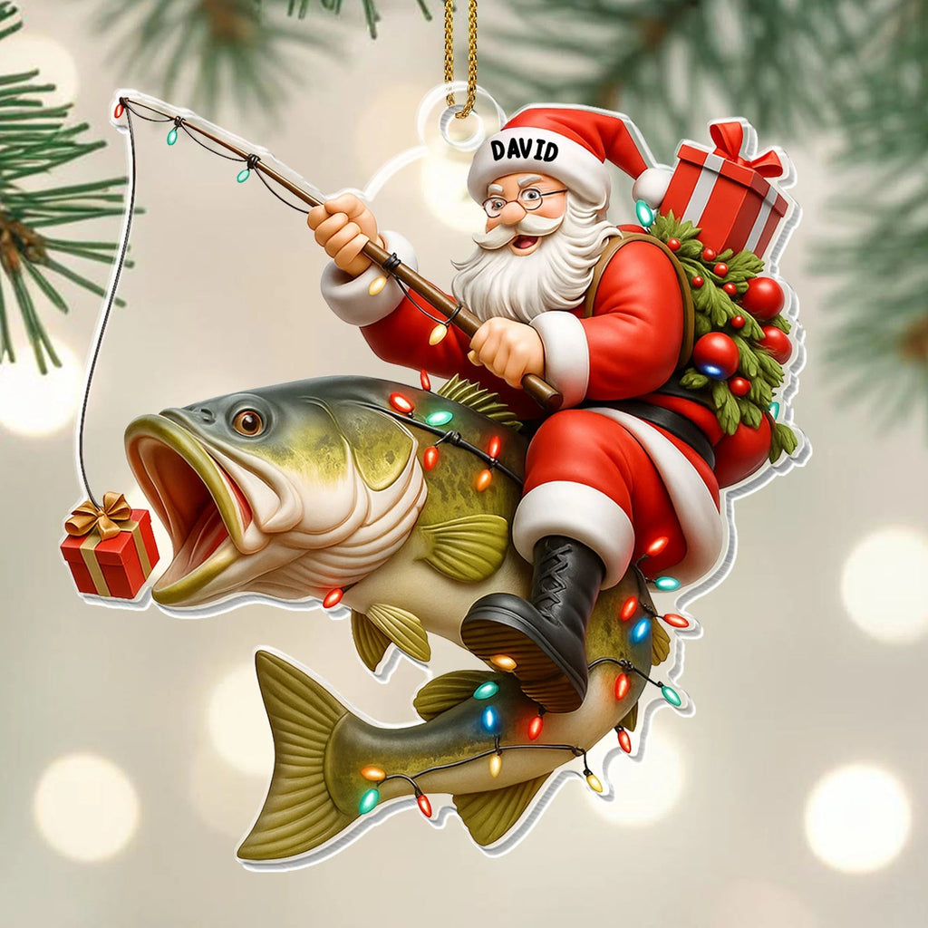Santa Riding Bass Fishing Acrylic Ornament - Personalized Christmas Keepsake Gift for Anglers and Fishing Dads